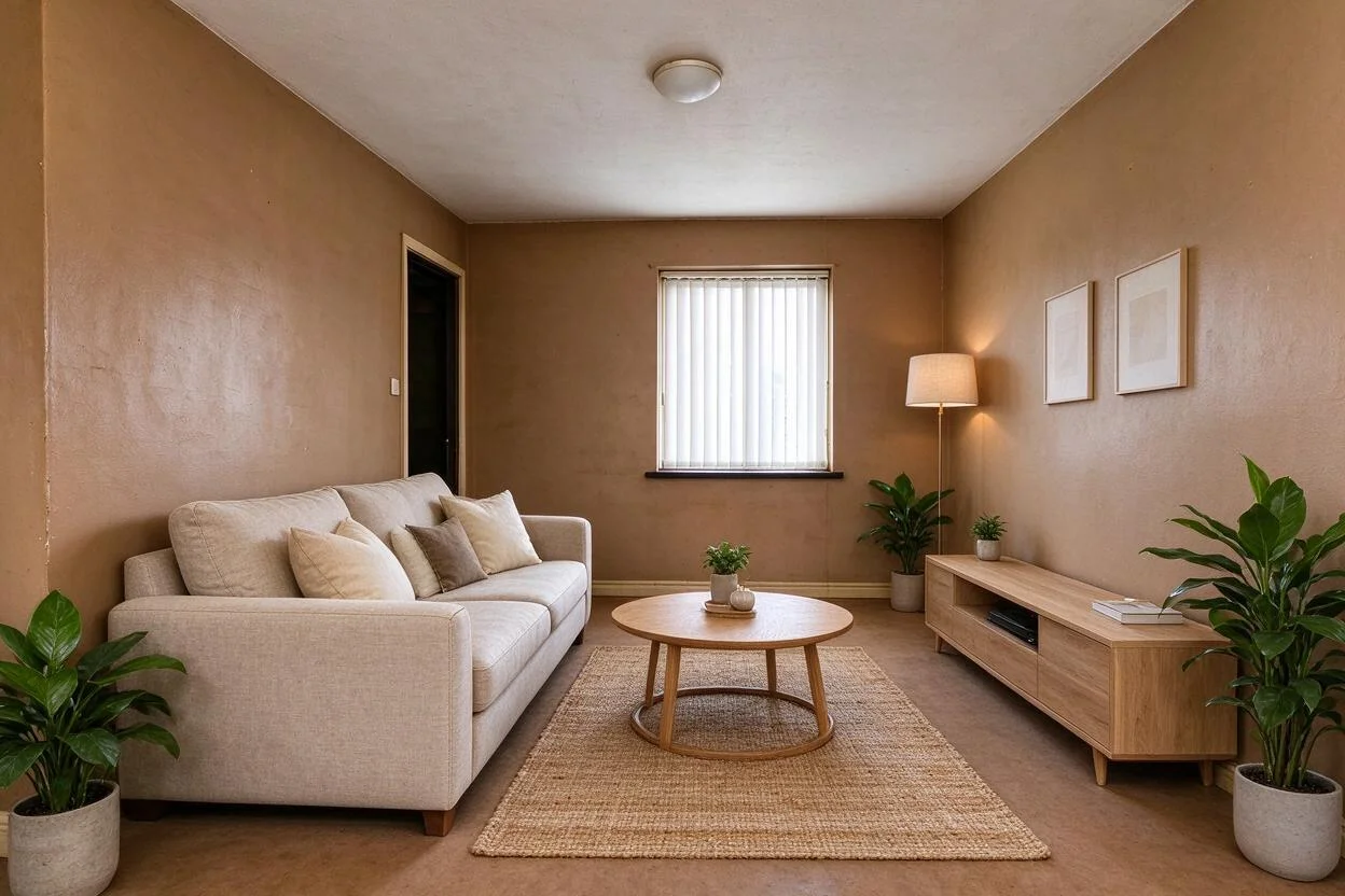 Living room restyled β drag to compare after